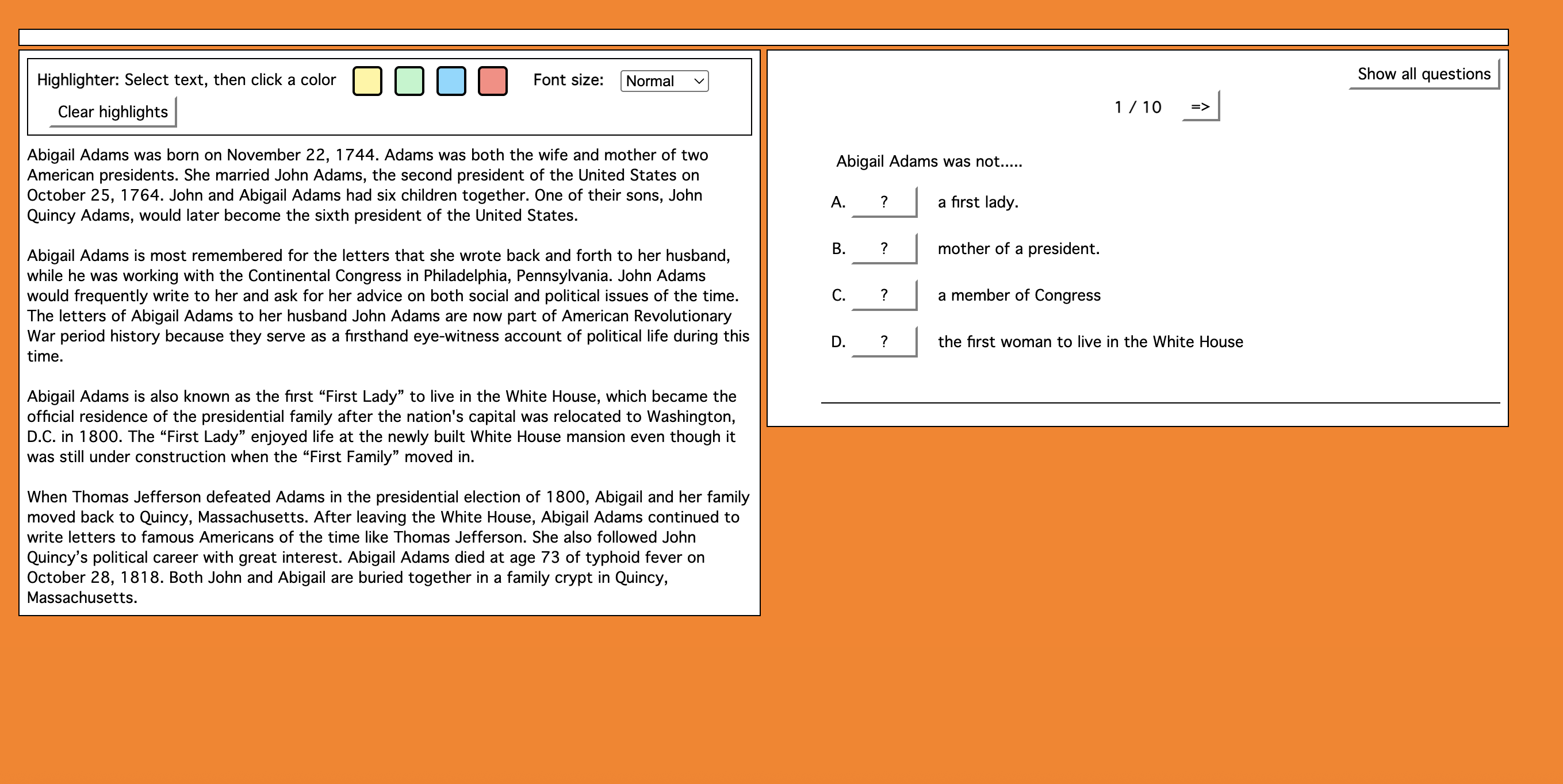 Abigail Adams Reading Comprehension - Online with Highlights